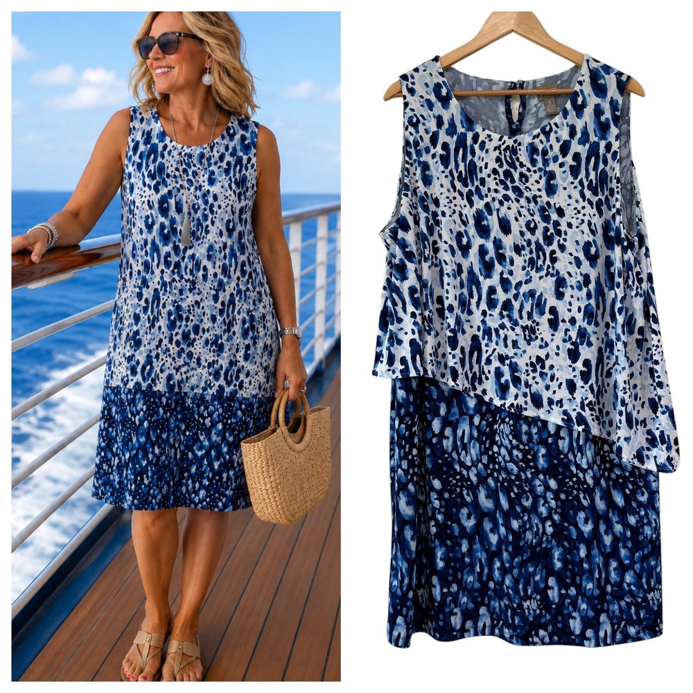 Chicos Animal‎ Print Layered Slinky Sleeveless Dress XL 3 Resort Cruise Stretch